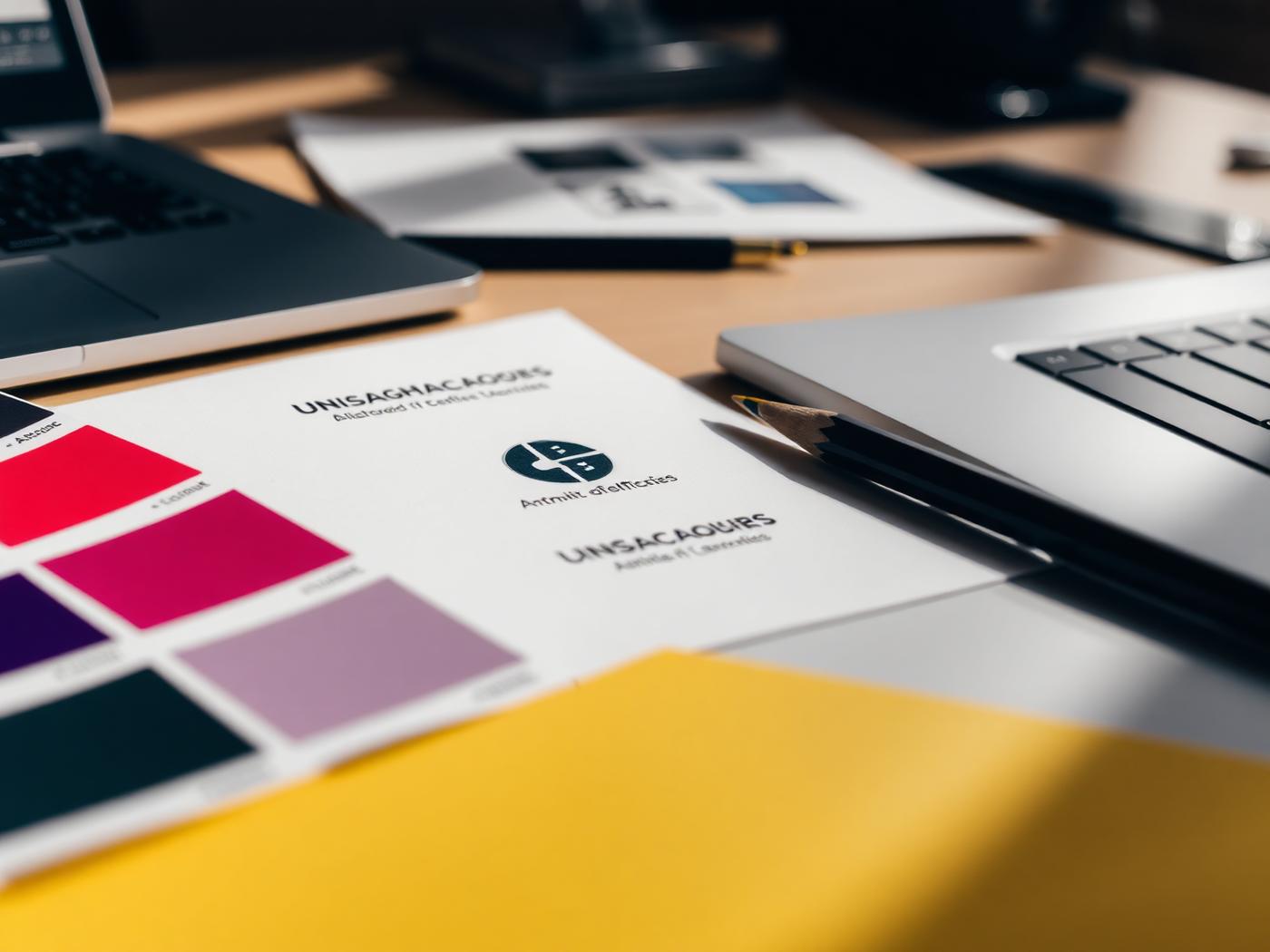 Planches de logos et nuancier sur un bureau de designer