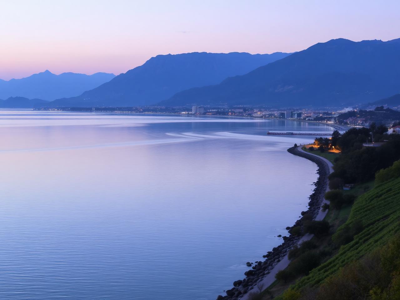 Rive du Léman près de Vevey au crépuscule